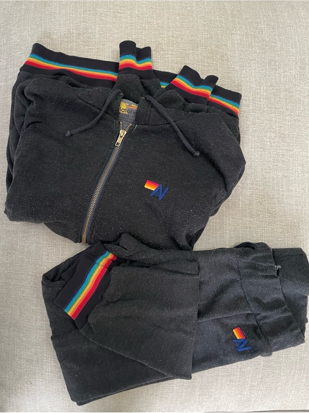 Aviator Nation black hoodie & sweatpants with rainbow trim - set